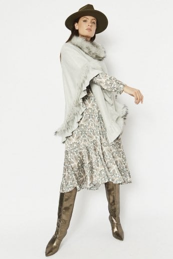 Grey Fox Fur and Faux Suede Poncho