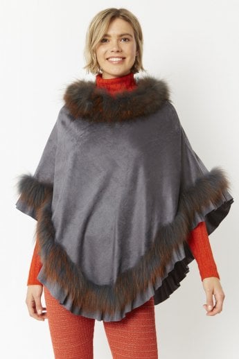 Grey Fox Fur and Faux Suede Poncho