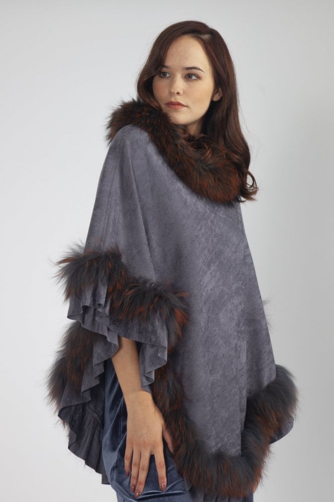JAYLEY Grey Fox Fur and Faux Suede Poncho
