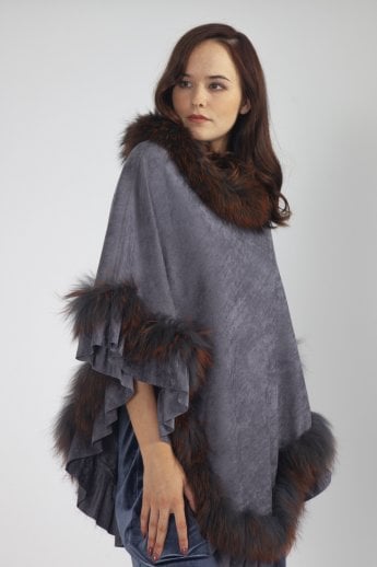 Grey Fox Fur and Faux Suede Poncho