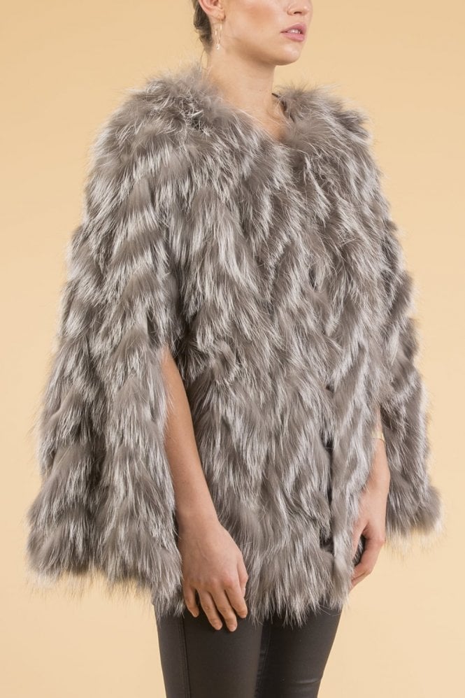 JAYLEY Grey Fox Fur and Suedette Cape