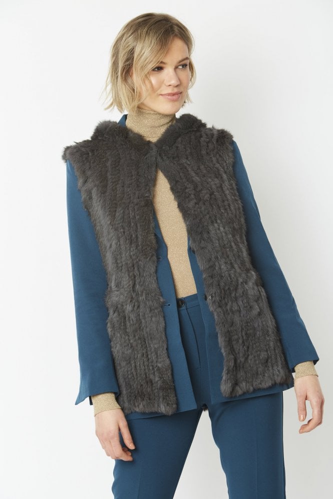 JAYLEY Grey Hooded Long Coney Fur Gilet