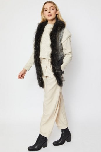 Grey Knitted Fur Trim Gilet