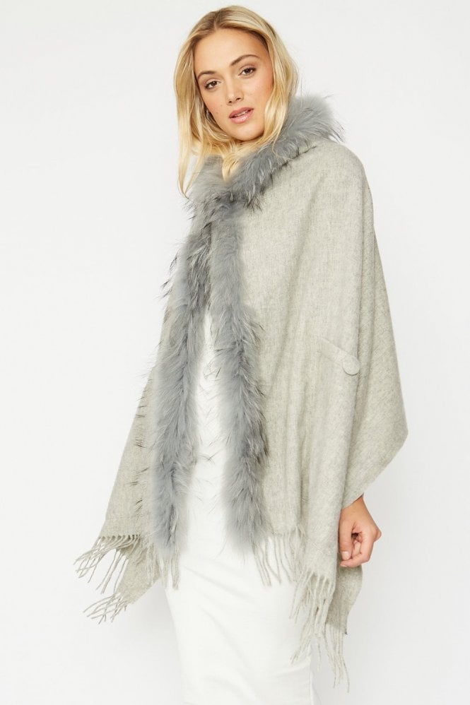 JAYLEY Grey Lambswool Fox Hooded Wrap