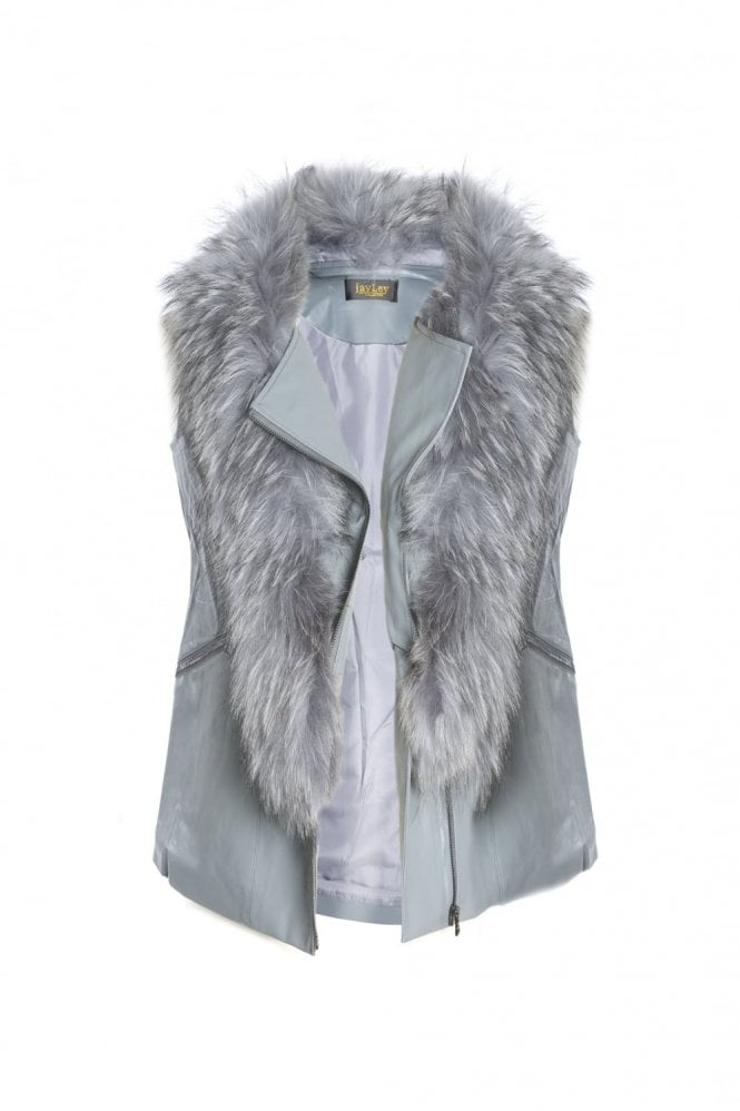 JAYLEY Grey Leather and Fox Fur Collar Gilet
