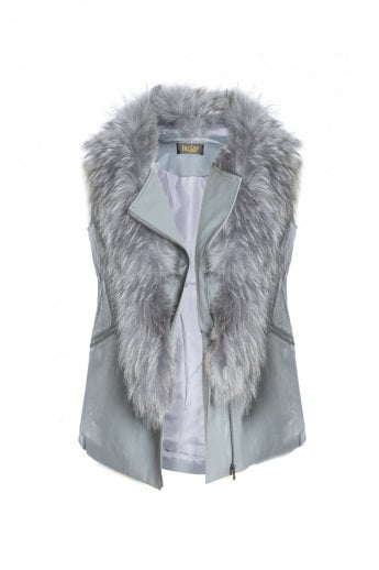 Grey Leather and Fox Fur Collar Gilet