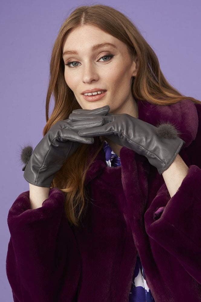 JAYLEY Grey Leather Gloves with Mink Bobble