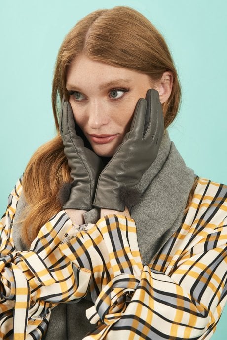 Grey Leather Gloves with Fur Bobble