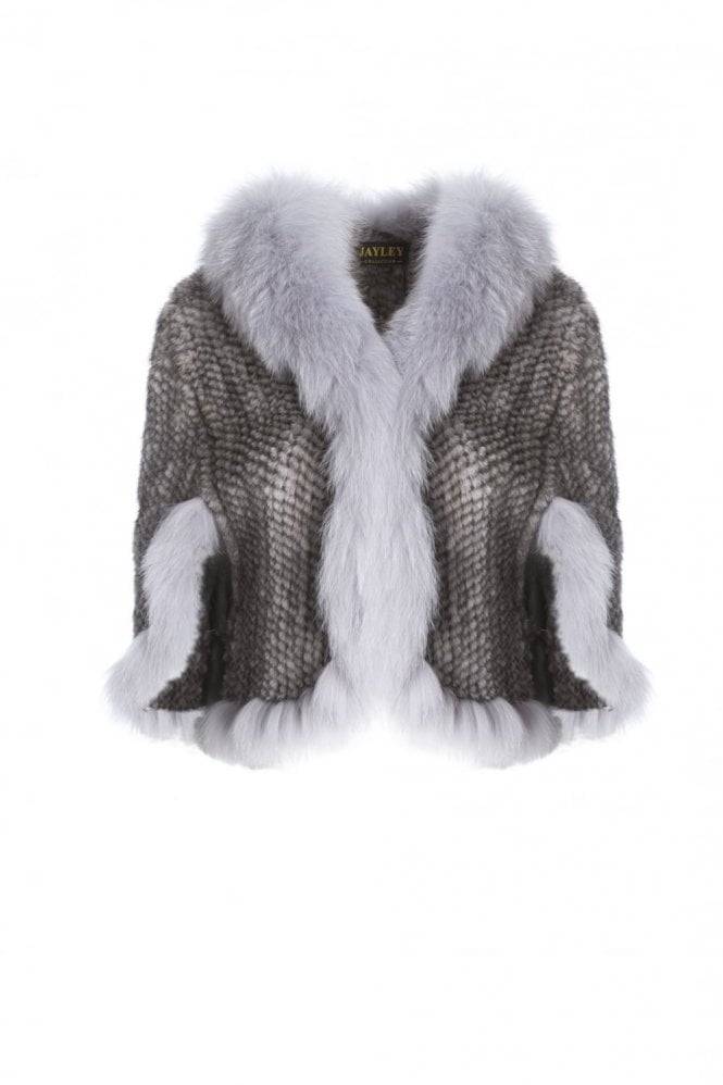 JAYLEY Grey Mink and Fox Hand Knitted Hollywood Cape