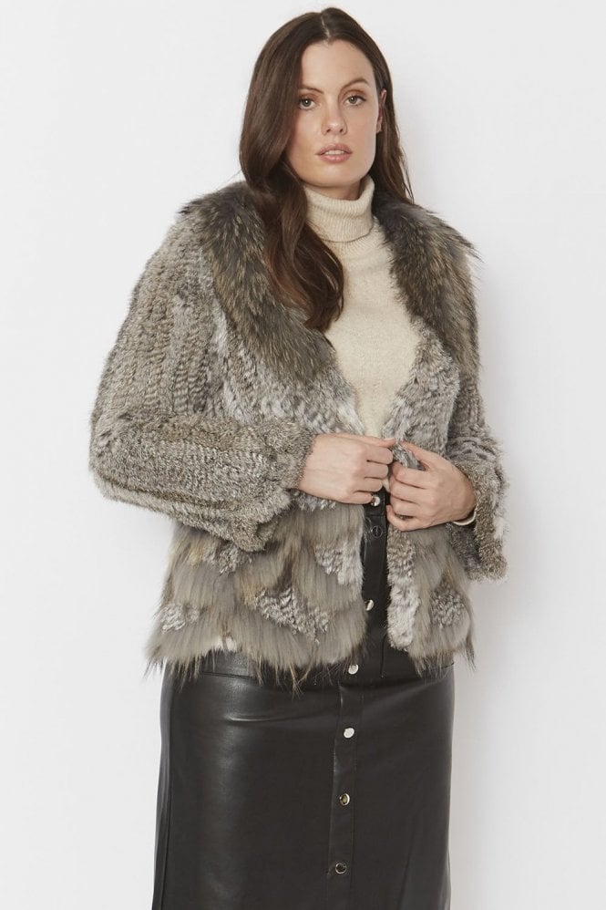 JAYLEY Grey Scalloped Coney Fur Jacket With Signature Fox Fur Collar