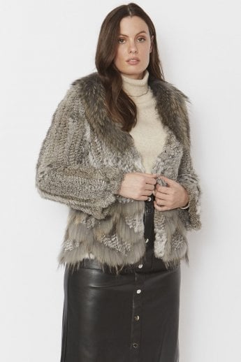 Grey Scalloped Coney Fur Jacket With Signature Fox Fur Collar