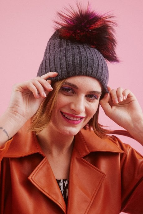 Grey Silk and Cashmere Fox Fur Pom Pom Hat
