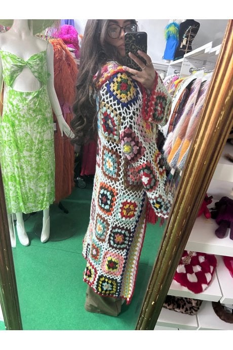 Hand Crochet Long Hooded Kimono Coat