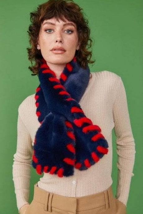Hand Made Blue Faux Fur Scarf with Red Woven