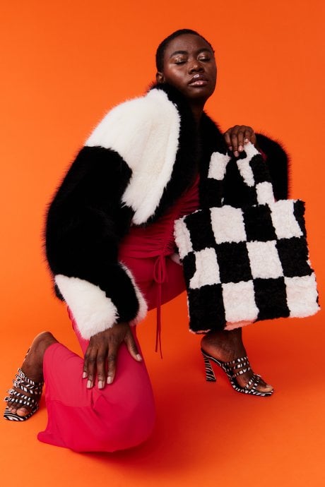 Hand Made Faux Shearling Checkered Tote Tablet Bag in Black and White