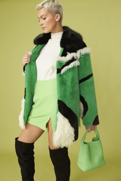 Hand Made Green Mixed Mongolian and Faux Fur Coat