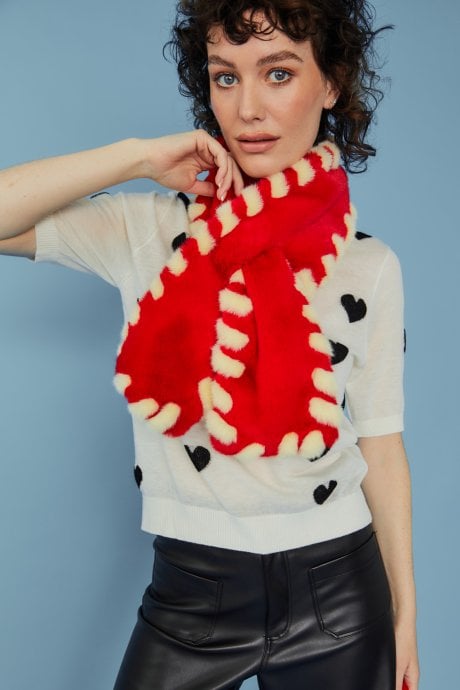 Hand Made Red Faux Fur Scarf with White Woven