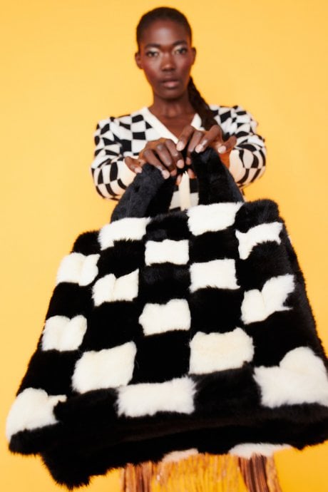 Hand Woven Checkered Black and White Faux Fur Tote Bag
