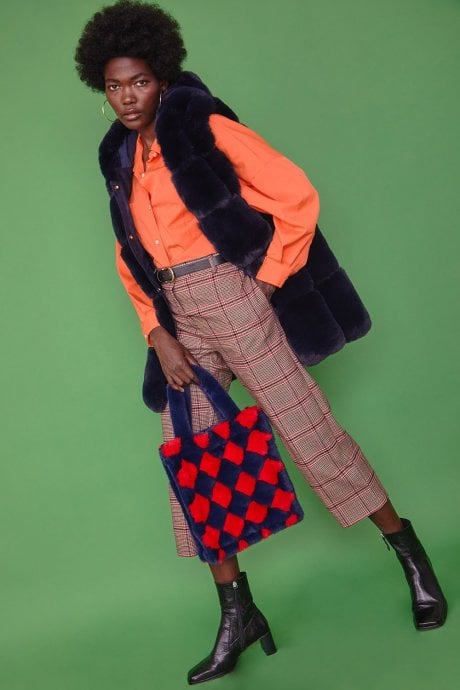 Hand Woven Checkered Navy and Red Faux Fur Tote Bag