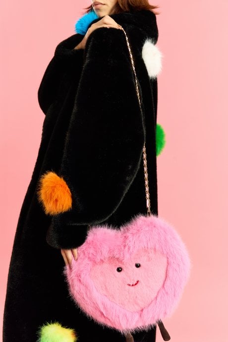 Pink Handmade Bamboo Faux Fur Heart Bag 