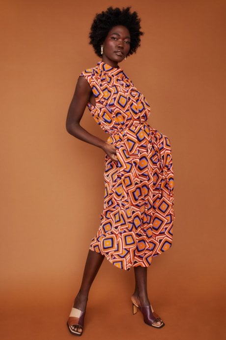 High Neck Midi Geo Dress