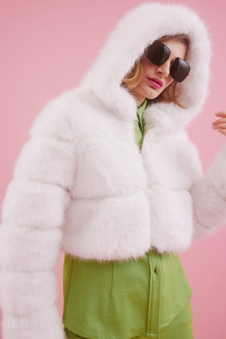 Hooded Bamboo Faux Fur Puffer Coat