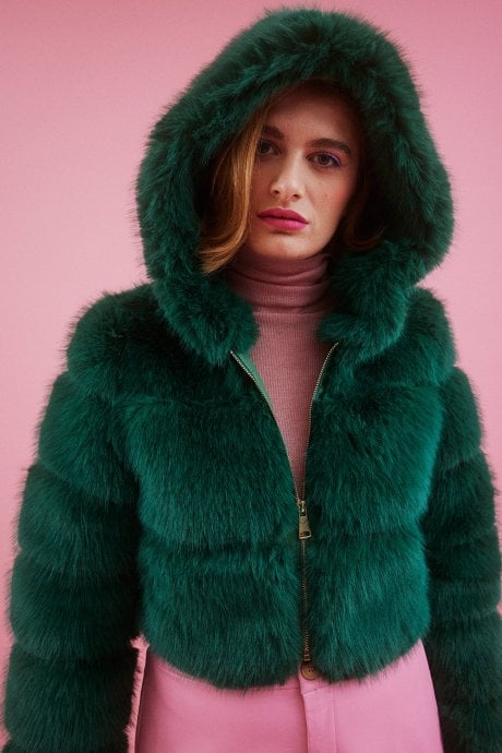 Hooded Bamboo Faux Fur Puffer Coat