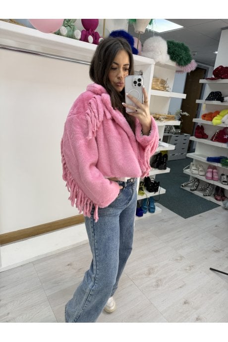 Pink Hand Cut Tassels Bamboo Lyocell Blend Eco Faux Fur Cropped Jacket