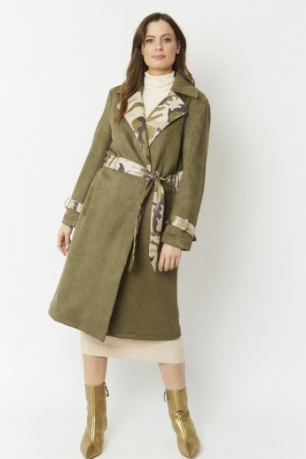 Khaki Camouflage Faux Suede Trench