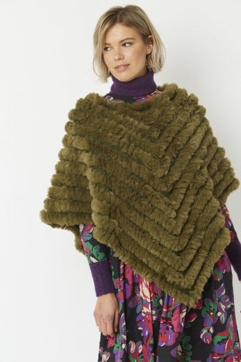 Khaki Cashmere Blend Faux Fur Poncho