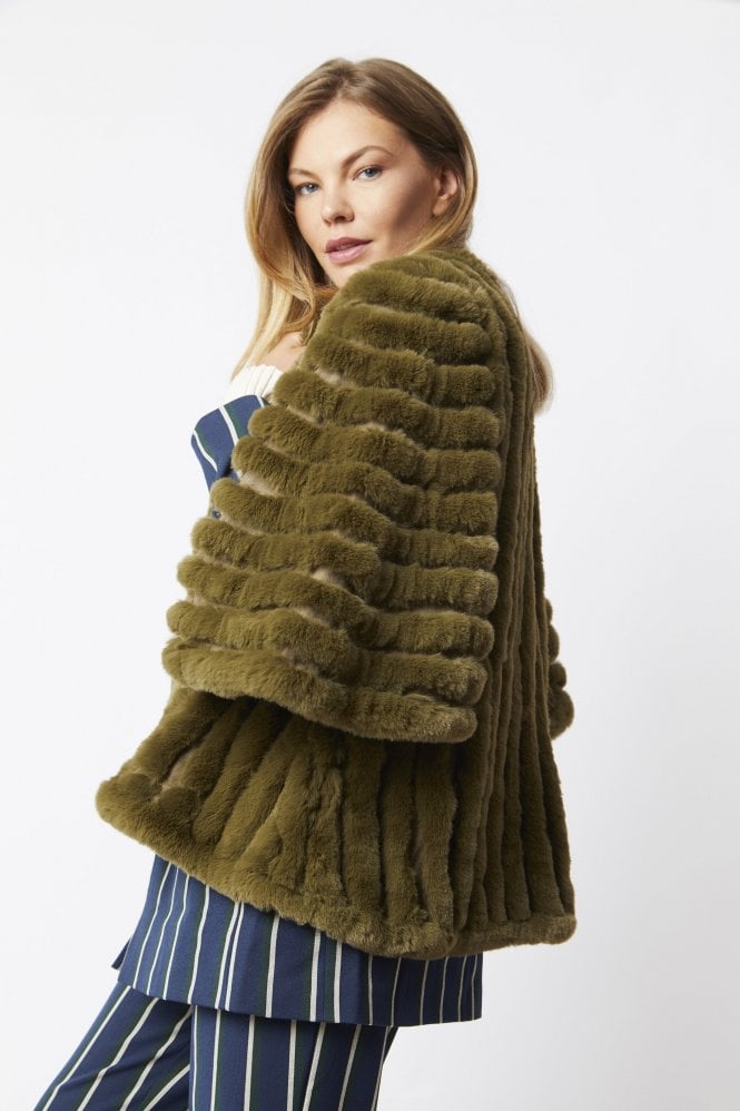 JAYLEY Khaki Faux Fur Striped Coat