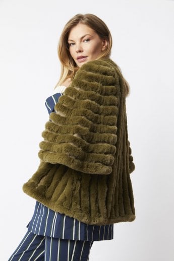 Khaki Faux Fur Striped Coat