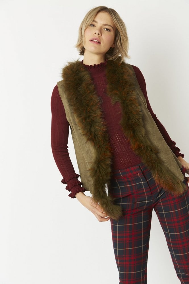 JAYLEY Khaki Faux Suede and Fox Fur Gilet