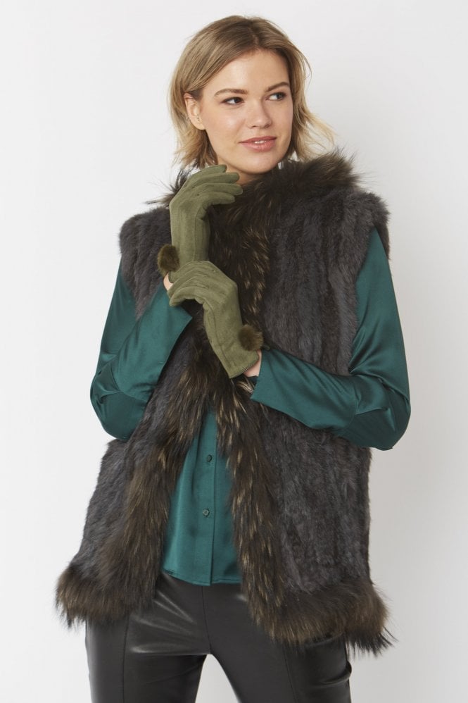 JAYLEY Khaki Faux Suede Gloves With Faux Fur Pom