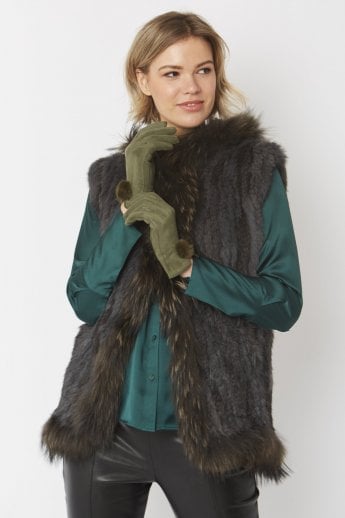 Khaki Faux Suede Gloves With Faux Fur Pom