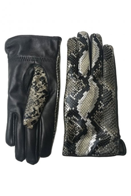 Khaki Luxe Leather Snake Print Gloves