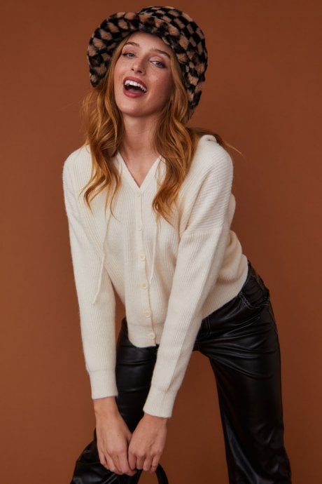 Knitted Banana Peel Zip Cardigan in White