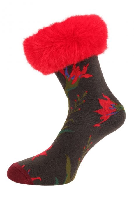 Leaf Print Silk Blend Socks with Faux Fur Cuffs