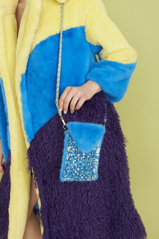 JAYLEY Light Blue Sequin and Faux Fur Phone Holder