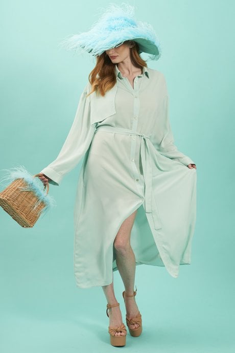 Light Blue Silk Blend Maxi Shirt Dress