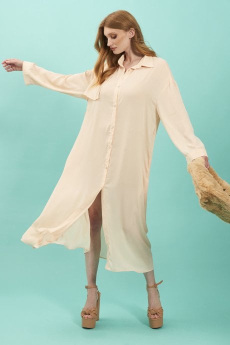 Light Pink Silk Blend Maxi Shirt Dress
