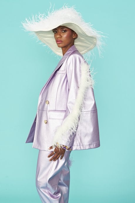 Lilac Faux Leather Blazer with Feather Details