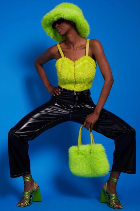 Lime Green Faux Fur Zip Crop Top