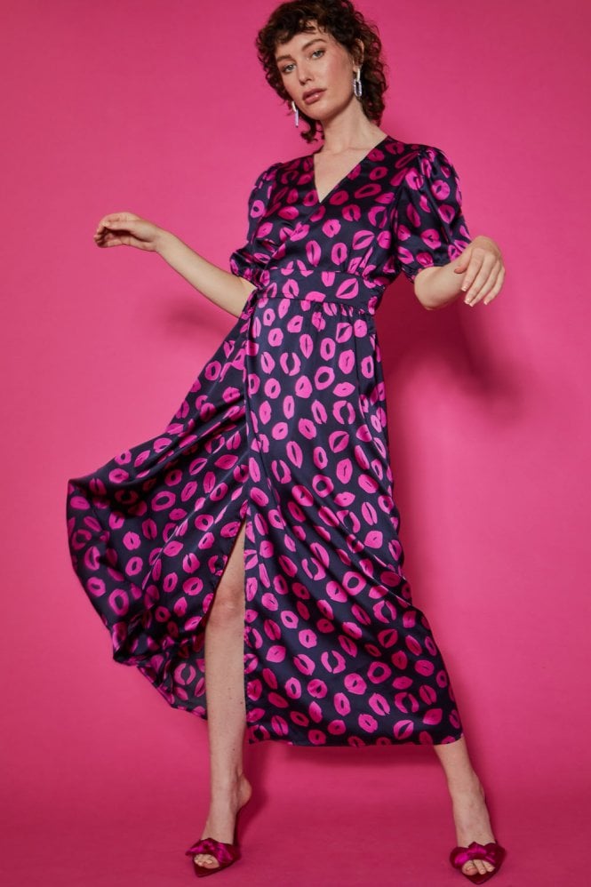 JAYLEY Lucky Lip Print Maxi Wrap Dress