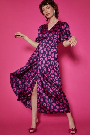 Lucky Lip Print Maxi Wrap Dress