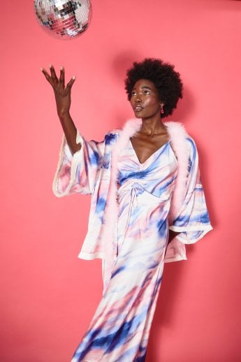 Malia Tie Dye Cape in Pink with Feather Trim