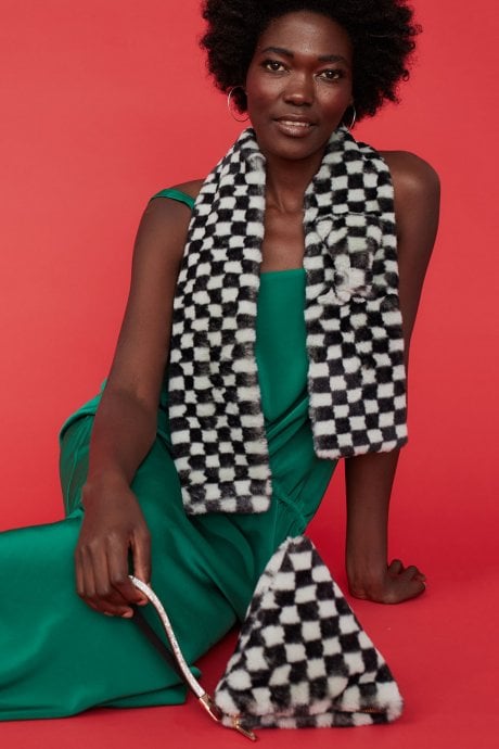 Mint and Black Checkered Faux fur Scarf with Bow Detail Fastening