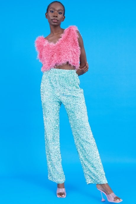 Mint Sequin Trousers with Elasticated Waste