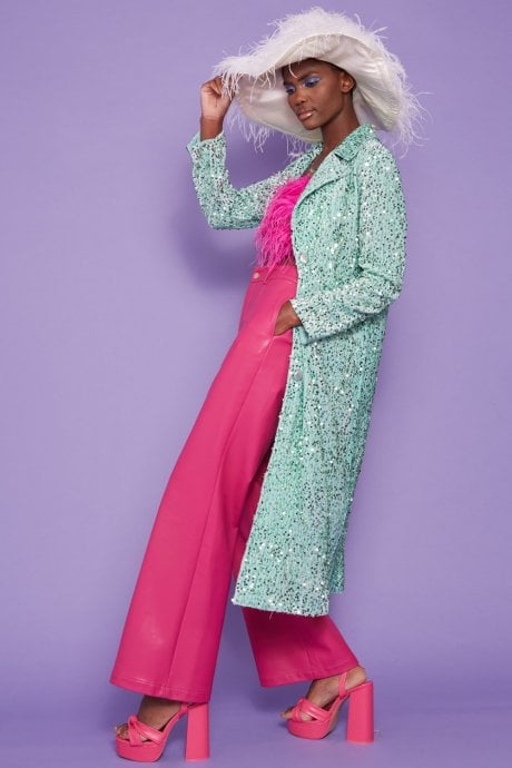 Mint Sequin Velvet Trench Coat