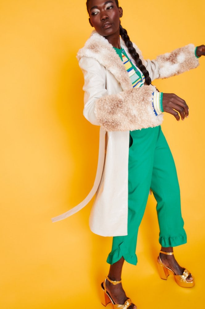JAYLEY Mocha and Cream Faux Suede Aurora Coat with Faux Shearling Cuff & Collar